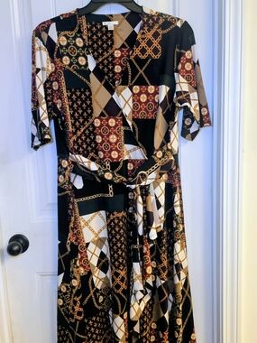 Black Multi-Print Belted Midi Dress